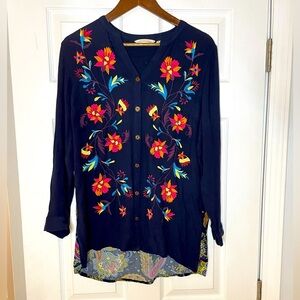 Soft Surroundings Womens Button Front Tunic Top Boho Embroidered Crinkle - Med